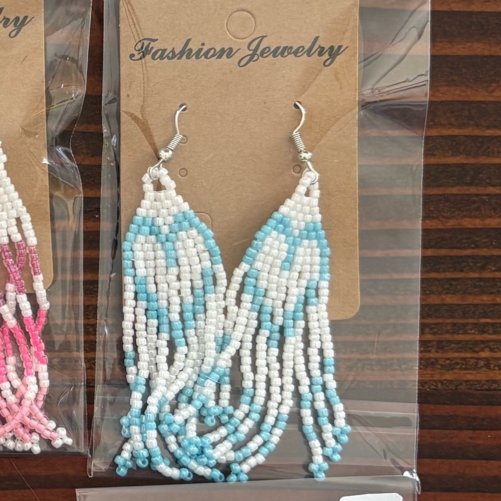 Handcrafted Beaded Earrings - Blue Hearts
